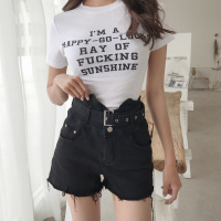 韩版chic高腰显瘦弹力牛仔短裤腰头设计感热裤女潮