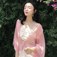 2018夏季新款宽松薄款防晒开衫透视系带七分袖雪纺衫外套上衣女装