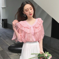 2018夏季新款宽松荷叶边雪纺衫上衣甜美纯色V领短袖衬衫衬衣女装