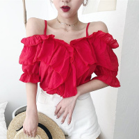 2018夏季新款甜美荷叶边衬衫韩版纯色吊带宽松短袖雪纺衫上衣女装