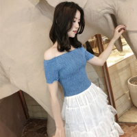 2018夏季新款港味一字领露肩压褶弹力修身雪纺上衣短袖打底衫女装