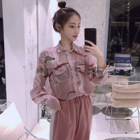 2018夏季新款粉色雪纺衫衬衣宽松POLO领印花长袖防晒衬衫上衣女装