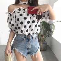2018夏季新款韩版一字领露肩露背性感上衣宽松短袖波点雪纺衫女装