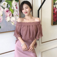 2018夏季新款一字领露肩性感韩版雪纺衫宽松喇叭短袖短款上衣女装