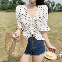 2018夏季新款复古波点荷叶边雪纺衫V领系带宽松短款衬衫上衣女装