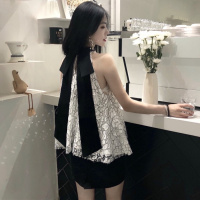 2018夏季新款气质无袖露肩蝴蝶结燕尾宽松娃娃衫短款蕾丝上衣女装