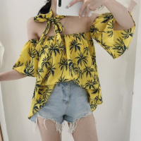 2018夏季新款性感一字领露肩喇叭袖雪纺衫宽松短袖印花上衣女装潮