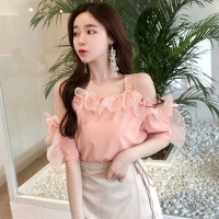 2018夏季新款甜美荷叶边吊带一字露肩宽松性感短袖雪纺衫上衣女装