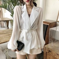 2018夏季新款宽松收腰绑带雪纺衫上衣中长款长袖防晒开衫外套女装