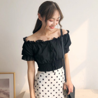 2018夏季新款一字领露肩系带上衣雪纺衫修身收腰短袖短款衬衫女装