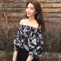 2018夏季新款性感一字领露肩衬衫宽松学生复古碎花雪纺衫上衣女装