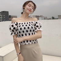 2018夏季新款露肩一字领性感短款上衣衬衫修身短袖波点雪纺衫女装