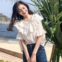 2018夏季韩版新款荷叶边上衣一字领露肩衬衫宽松半袖雪纺衫女装潮