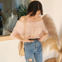 2018春夏季新款气质一字领雪纺衫宽松学生荷叶边性感露肩上衣女装