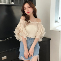 2018春夏季新款层层压褶荷叶边宽松一字领露肩短袖雪纺衫上衣女装
