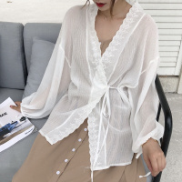 2018夏季新款长袖雪纺衫宽松灯笼袖系带防晒开衫外套衬衫上衣女装