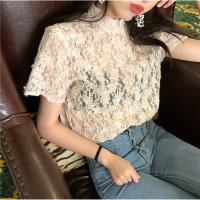 2018春夏季新款气质百搭短袖T恤修身性感透视镂空蕾丝衫上衣女装