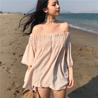 2018夏季新款韩版一字领露肩性感雪纺衫宽松短袖微透上衣衬衫女装