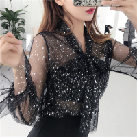 2018春装新款烫金透视长袖蝴蝶结珍珠网纱衫上衣+裹胸两件套女装
