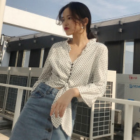 2018春装新款木耳边喇叭袖雪纺衫上衣蝴蝶结绑带短款波点衬衫女装