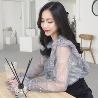 2018春装新款蕾丝喇叭袖长袖荷叶边透视上衣+打底吊带两件套女装