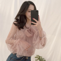 2018春季新款蝴蝶结系带喇叭袖钉珠网纱罩衫+吊带上衣两件套女装