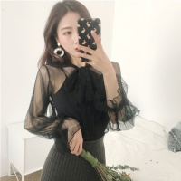 网纱打底衫女韩版春装新款长袖系带蝴蝶结上衣吊带背心两件套