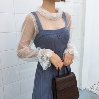 新款宽松荷叶花边性感透视打底衫喇叭袖长袖网纱蕾丝上衣女装