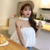 2018夏季新款宽松性感挂脖细带短款百搭无袖蓬蓬吊带背心上衣女装