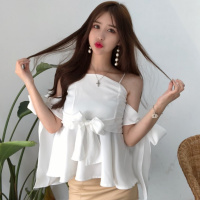 夏季一字领露肩性感吊带甜美蝴蝶结绑带上衣修身百搭裙摆背心女装