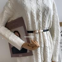 小轻熟珍珠对扣腰带可调节长度PU漆皮亮面女士连衣裙大衣外套腰封