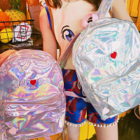 拉面丸子镭射酷炫复古刺绣爱心字母双肩背包日系原宿学生书包背包
