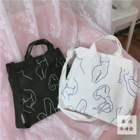 日系chic复古简约插画斜挎包手提包线条艺术街拍环保布袋单肩包女