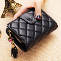 2018潮流新款小香风菱格子羊皮中长短款女钱包真皮女士卡包零钱包