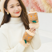 麂皮绒手套女冬季韩版可爱翻盖学生加绒加厚保暖露半截半指棉手套