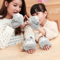 加绒亲子冬季保暖手套女可爱羊驼翻盖半指全指韩版女童学生手套