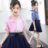 花样童依(huayangtongyi)童装2019夏季新款韩版女童套装中大童短袖衬衫裙子两件套童套装潮