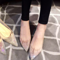 春季2018新款单鞋平底网纱水钻尖头鞋内增高浅口尖头鞋宴会婚上新