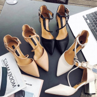 春季2018新款春单鞋粗跟尖头女鞋通勤绑带高跟鞋女包头百搭女上新