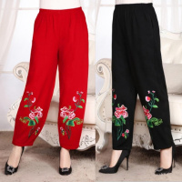 厂家直销包休闲女裤子民族风刺绣花阔腿灯笼裤棉麻高腰长裤哈伦裤