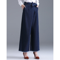 德玛纳2018春夏季复古新款牛仔裤女bf风高腰系带毛边宽松阔腿长裤深牛仔蓝