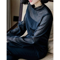 德玛纳2018春夏季薄款黑色雪纺衫衬衣女时尚简约小心机上衣黑色