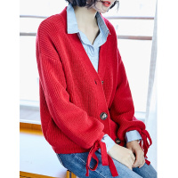 德玛纳2018春季新款宽松针织开衫女韩版V口抽绳百搭线衫上衣