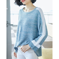 德玛纳2018春季新款拼接宽松针织线衫女韩版圆领微喇叭袖套头上衣浅蓝