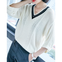 德玛纳2018春季新款白色V领针织线衫女长袖时尚撞色打底套头上衣本白色