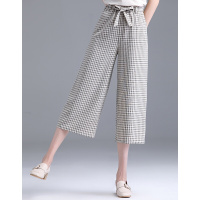 德玛纳2018夏季新款格纹系腰带休闲九分阔腿裤橡筋腰直筒格子裤米白