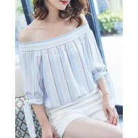 德玛纳2018春夏季新款条纹印花雪纺衫女韩版宽松一字领短袖上衣条纹