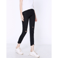 德玛纳破洞牛仔裤女春夏季2018新款修身高腰弹力黑色小脚九分裤