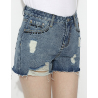 德玛纳2018夏季新款高腰牛仔短裤女宽松显瘦毛边破洞热裤潮中牛仔蓝