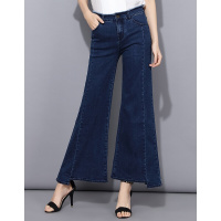 德玛纳2018新款春季弹力修身显牛仔喇叭裤显腿长阔腿裤子女裤腿磨边长裤深蓝